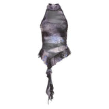 Zingj 2024 New Women's Half High Collar Flounce Sleeveless Print Mesh Slim Small Vest-Outfit