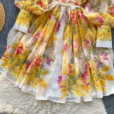 Style Dress Women High-End Elegant Collar Lantern Sleeve Single Buckle Waist Print Chiffon Long