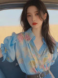 Spring And Summer New Small Shirt French Single Special Top Design Small Smell Blue Printed