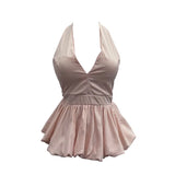 Retro Hanging Neck Tie With Bare Back Sling Skirt Folded Short Sleeveless Top Woman