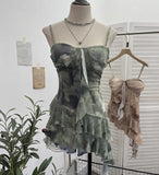 Real Shooting 2025 Spring And Summer New With Chest Cushions Dyed Mesh Sling Sling Vest Irregular Lotus Leaf Side Top