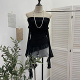 Shot A Word Shoulder Folded Top Girl Spring And Summer Side-Sleeve Strap Design French Long-Sleeved Mesh T-Shirt