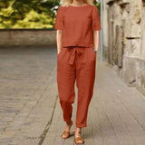Women's Cotton Tample Summer With Suit Half-Sleeved O-Neck Oversized Hoodie E Broad Leg Pants Retro Two-Piece
