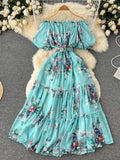 Bohemian Floral Chiffon Long Dress Women Sexy Off Shoulder Ruffle Puff Short Sleeve High Waist A-Line Big Swing