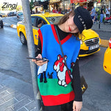 Vest Women Sleeveless V-neck Cartoon Lovely Sweet Girls Patchwork Loose Kawaii 2XL Knitted Stylish Casual Chic