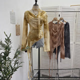 Shot A Word Shoulder Collar Long Sleeve Broken Hole Knitted Shirt Shirt Slightly Through The Hollow Irregular Ribbon T-Shirt Girl