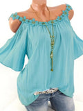 Off Shoulder Summer Blouse with Lace Flower Women 2023 Short Sleeve O-neck Shirt Sexy Lady Solid Top Loose Clothes