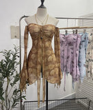 Horn Long Sleeve Bra Strap Bow With Chest Cushion Net Yarn Irregular Open Fork Tat