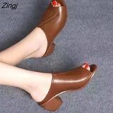 Soft Leather Outer Slippers Fish Mouth Comfortable Versatile Mid-heeled Women Sandals Women's Mother's Shoes
