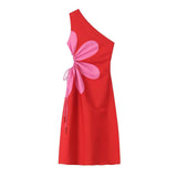 Women's Dress Positioning Flower Print Oblique Shoulder Dress