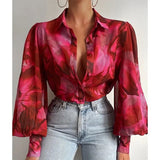 Lantern Sleeve Blouses 2023 Fashion Tops Spring Office Lady Vintage Floral Shirt Ladies Button Up Long Sleeve Shirts