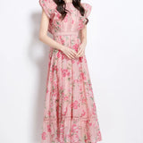 Elegant Dress 2025 New Retro Lace To Receive Waist Temperament Print Lotus Leaf Side Long Dress