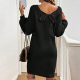 And Winter New Loose Knitting V-Neck Bow Long-Sleeved Sweater Dress
