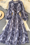 Women Printed Long Dress Vintage Ruffle Stand Collar Puff Sleeve High Waist Elegant Maxi Robe Female Big Swing