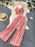 Women Pleated Two Piece Set Sexy Female Criss Cross Twist Strap Tops + High Waist Draped Pants Beach Suits Vacation
