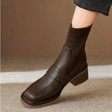 Autumn New High-Winded British Style Short Boots Woman Retro Brown Square Head Thick And Elastic Thin Boots Socks