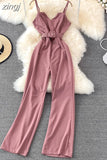 Sexy Women Romper Female Red/Orange/Black Sleeveless High Waist V-Neck Wide Leg Playsuit With Sashes New Fashion