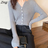 Women Slim Solid Fashion Single-breasted All-match Simple Korean Knitting V-neck Fall Female Chic Vintage