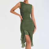 Zingj Women's Fashion Net Gauze Slim Show Back Solid Color Temperament Sexy Dress