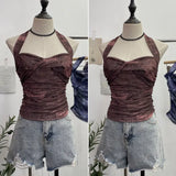Shot Tie-Dye-Dyed Denim Print Folding Mesh Sling Sling Sling Neck With Bow Striped Backwear