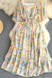 Women Floral Lace Midi Dress Vintage Square Collar Short Sleeve High Waist A-Line Slim Flower Printed Vestidos