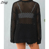 Women Round Neck Long Sleeve Solid Color Casual Sweater Hollow-out Loose Knitwear Jumper Tops