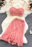 Bohemian Hollow Out 2pcs Set Women Sexy V-Neck Spaghetti Strap Short Tops + High Waist Ruffle Mini Skirt Female Suit