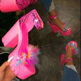 Summer New Thick Heel Sandals Women Feel A Buckle With Fur Fashion Women's