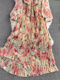 Autumn Bohemian Women Tie Dye Printed Pleated Long Dress Boho Stand Collar Puff Sleeve High Waist Draped Maxi Vestido
