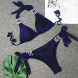 Zingj Sexy Shiny Special Fabric Swimwear Crystal Diamond Bikini Gold Straps Women's