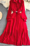 Autumn Women Turn-Down Collar Pleated Long Dress Vintage Single Breasted Lantern Sleeve High Waist Draped Maxi Robe