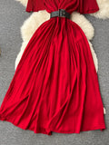 Women Pleated Party Long Dress Sexy V-Neck Short Sleeve High Waist A-Line Maxi Vestidos With Belt Vacation Beach Robe