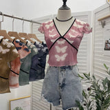 Sexy Hottie V-Neck Butterfly Print Short-Sleeved T-Shirt Slime Short-Navel Net T-Shirt Girl