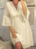 Lace Dress Women White Mini Dress Summer V Neck Sexy Hollow Out Short Sundress Flared Sleeve Lady Party