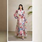 Court-Print Bubble-Sleeved Dress Women's Autumn Strap-In Belt Design Super Fairy Long Dress