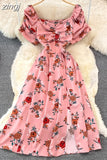 Vintage Women Printed Dresss Sexy Square Collar Short Puff Sleeve High Waist A-Line Vacation Beach Vestidos Female