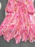 Autumn Women Floral Irregular Ruffle Long Dress Bohemian Pink/Blue/Purple Stand Collar Puff Sleeve High Waist