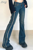 Y2K Retro Fashion Stripe Patchwork Skinny Low Rise Jeans Female Boot Cut Pants Korean Slim Aesthetic Denim