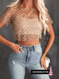 Women's New T-Shirt Pearls Short-Sleeved Summer Music Festival Party Sexy Lied