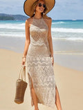 Beach Dress Hollow Knitted Neck Sling Sexy Bare Back Fork Long Tie-Shirt