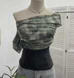 Shooting Can Wear Two-Wear Art Dizzy Net Yarn Spliced A Word Shoulder T-Shirt To Repair The Chest Short Babes Top