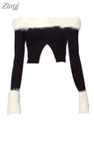 Slash Neck Women Split Sweaters Plush Patchwork Autumn Winter Slim Sexy Pull Femme Basic Solid Korean Fashion Knitwear