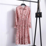 Women Dress Spring Autumn Long Sleeve Floral Print Bow Collar Chiffon Dress Elegant A-line Midi Winter Dress Vestidos Robe