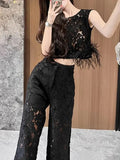 Sets Of 2025 Autumn Hollow Embroidered Flower Ostrich Wool Coat High Waist Broad Leg Trousers Set