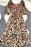Women Printed Long Dress Vintage V-Neck Puff Short Sleeve A-Line Slim Vestidose Female Elegant Casual Robe New