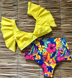 Broken Flower Vintage High Waist Bikini 2025 New Sexy Leaf Side Vest Deep V