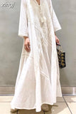 Solid Long Dress Women Loose Embroidered White Dress Female V Neck Lace Up Dress Ladies Elegant Beach Dress