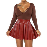 Zingj Women's 2024 Sexy Solid Color PU Skirt Women's Skirt Mini Skirt