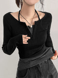 Sweet Style Simple Knitted Shirt Two Sets Of Striped Hanging Neck Hanging Sling + Half-Open Collar Long-Sleeved T-Shirt