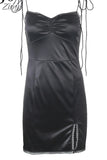 Strappy Satin Ruched Black Dress Mini Lace Spliced Side Split Sexy Dress Female Sundress Backless Ladies Dresses